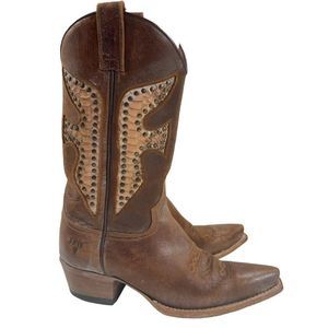 Frye Brown Leather Studded Western Heeled Boots